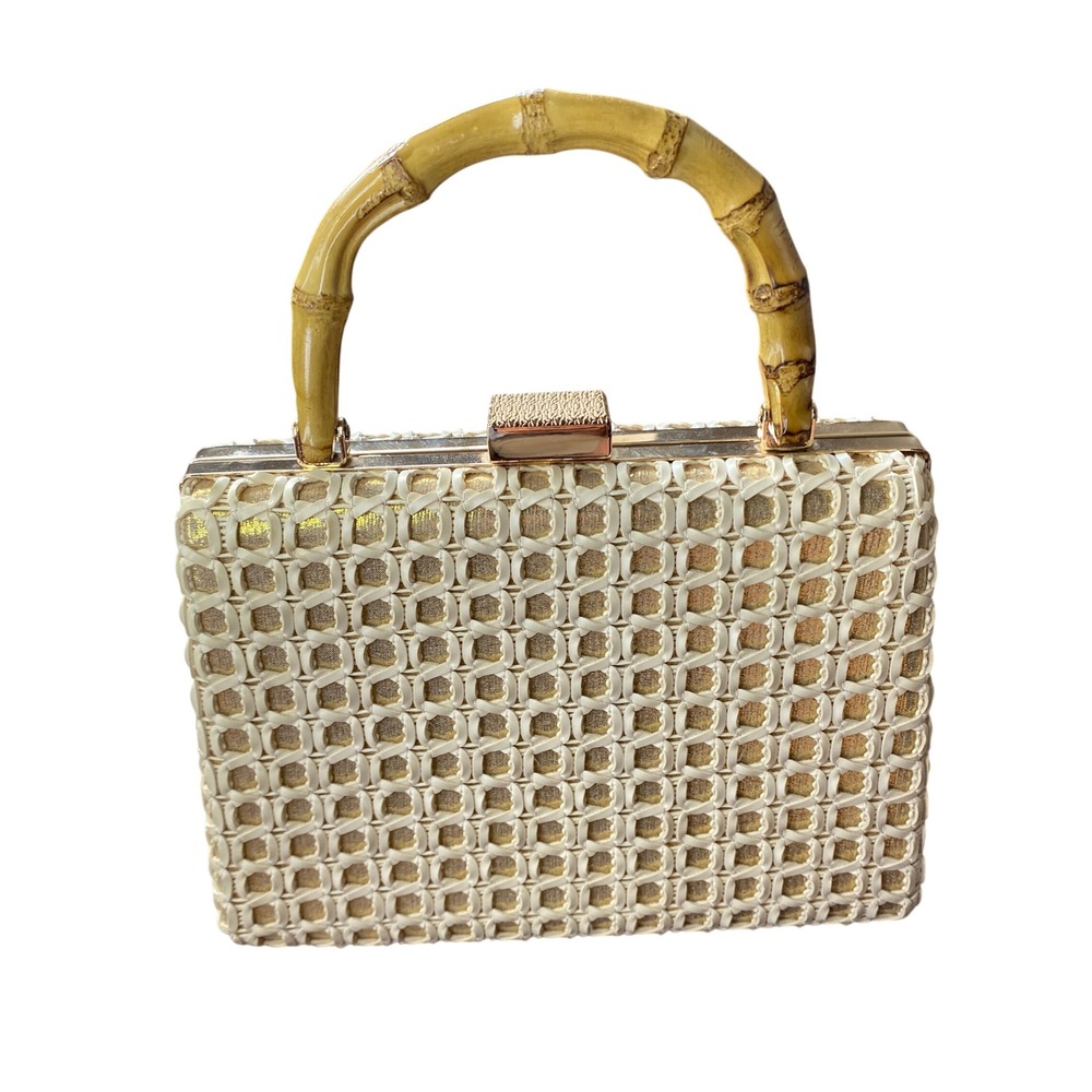 Cream Gold‎ Woven Wicker Box Clutch Bamboo Handle Crossbody Bag